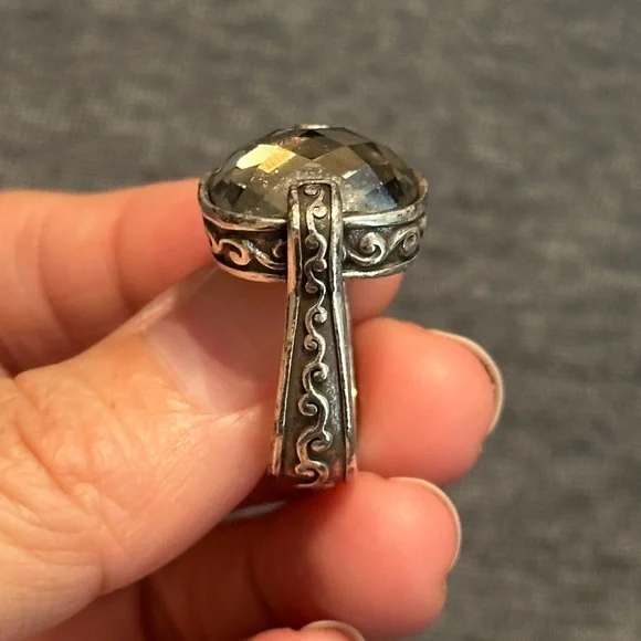 Brighton Square Smoky Quartz Gem Silver Cocktail Ring w Decorative Design, Sz 7 - Picture 7 of 10